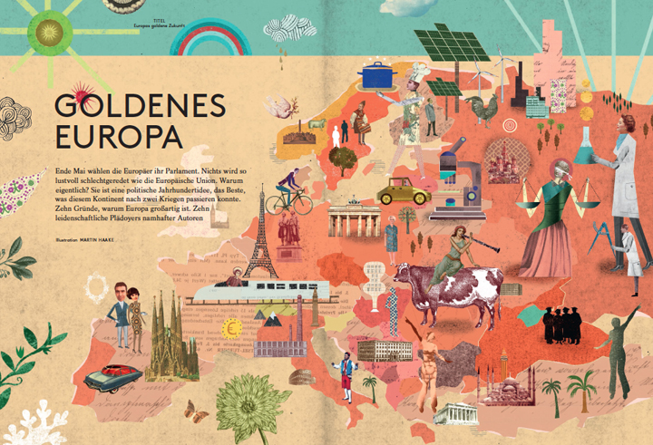 Aufmacher des Artikels Goldenes Europa, Cicero: Mai 2014, Illustration: Martin Haake