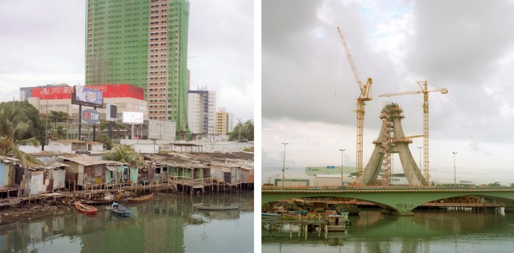 links: Wohnsiedlung ohne Abwassersystem und ohne Strom. rechts: Bau einer neuen Autobahn direkt neben der Wohnsiedlung. Foto: Adelaide Ivanova, Recife, Brasilien